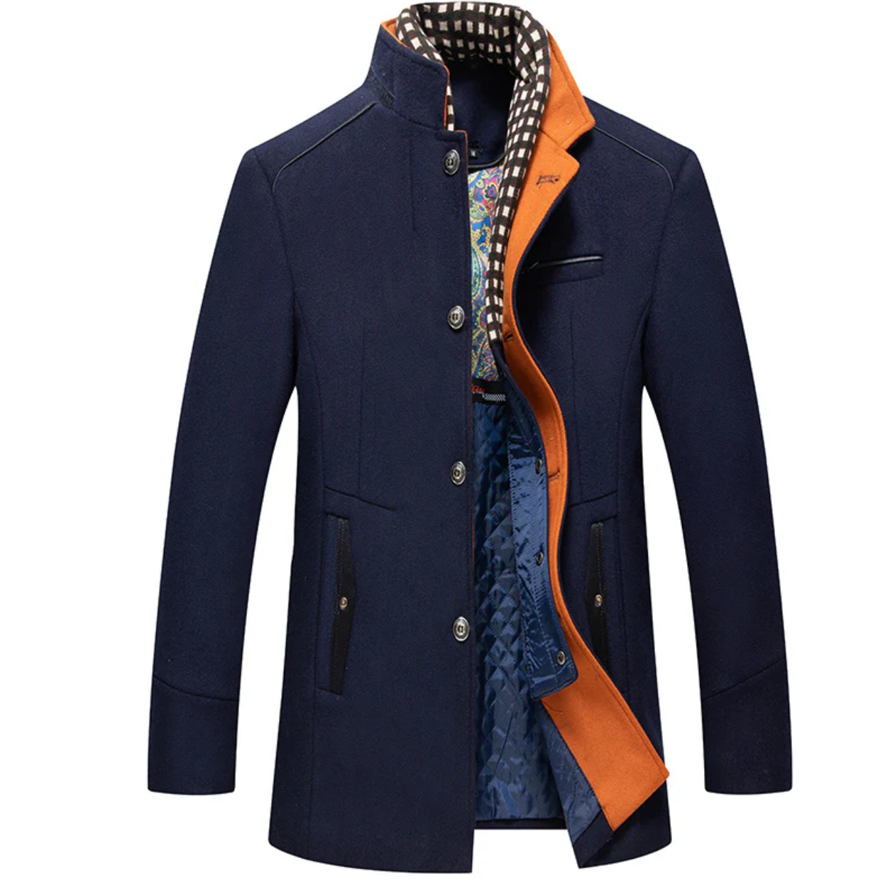 Biutimarden Men's Navy Blue Wool Winter Coat with Scarf | Size M