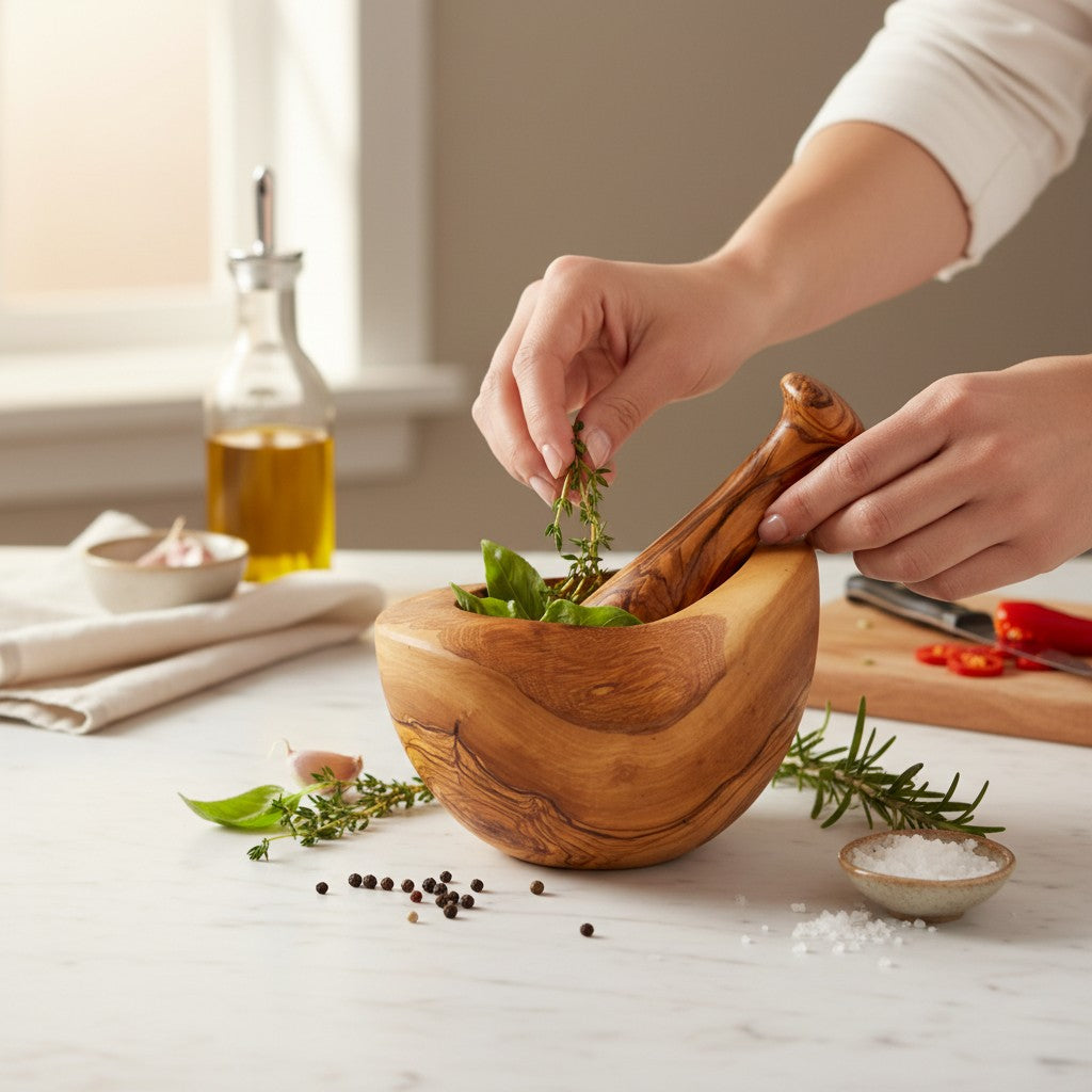 Handmade Olive Wood Square-Top Mortar and Pestle Set | Deep Herb Spice Garlic & Pesto Grinder | Unique Natural Grain | 8–16 cm