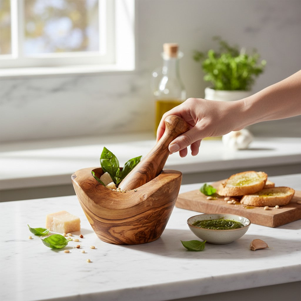 Handmade Olive Wood Square-Top Mortar and Pestle Set | Deep Herb Spice Garlic & Pesto Grinder | Unique Natural Grain | 8–16 cm