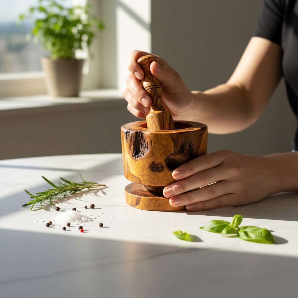 Handmade Olive Wood Burl Mortar and Pestle with Separate Base | Premium Spice Herb Garlic & Pepper Grinder | Rare Natural Grain | 10–16 cm