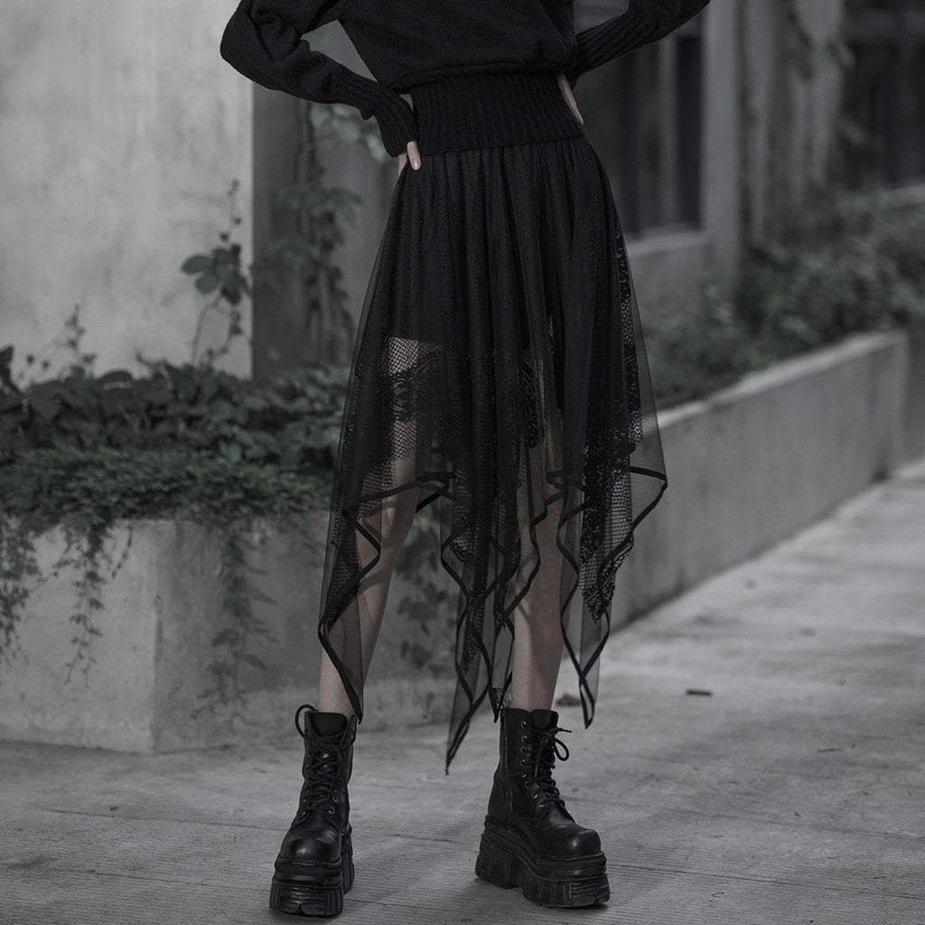 Punk Rave Caitlyn Gothic Skirt – Mesh and Lace Layered Handkerchief