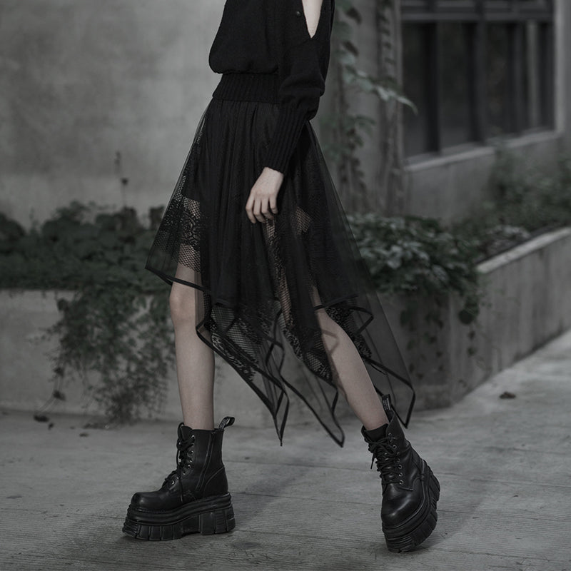 Punk Rave Caitlyn Gothic Skirt – Mesh and Lace Layered Handkerchief