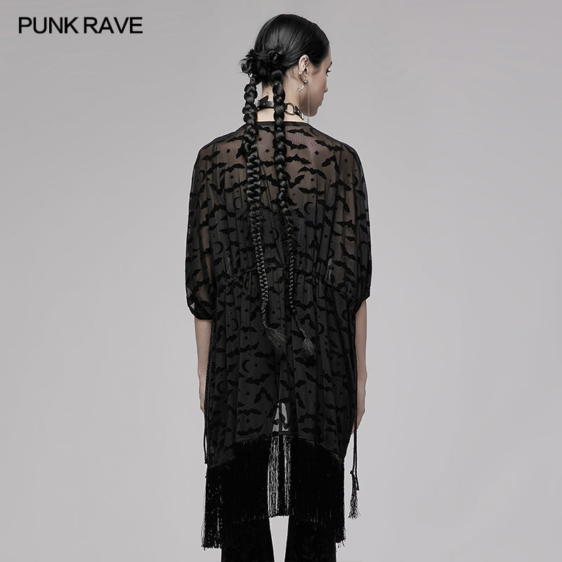 Punk Rave Bat Moon Velvet Flocked Kimono | Gothic Fringed Mesh Wrap