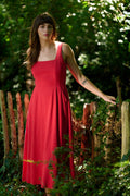 Baya Linen Mix Square Neck Midi Dress - Red