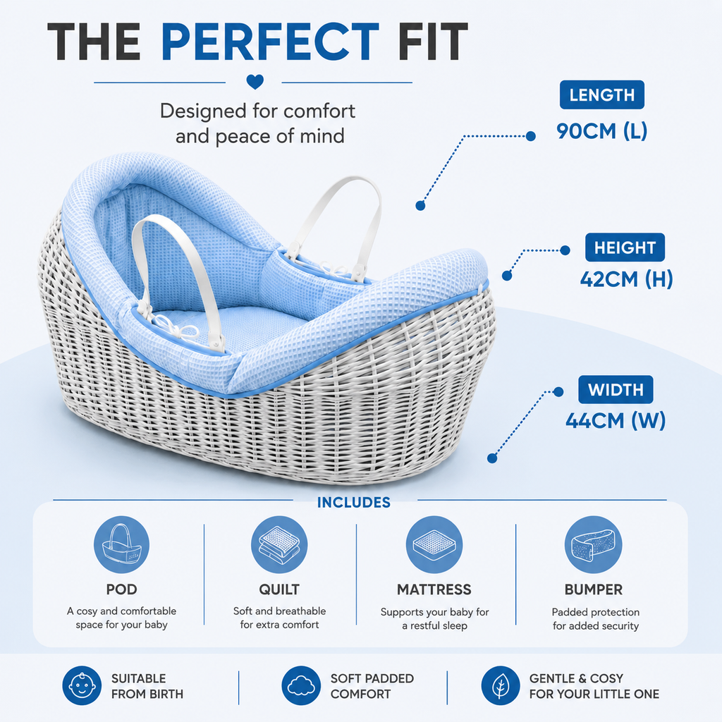 For Your Little One Wicker Deluxe Pod Moses Basket with Rocking Stand