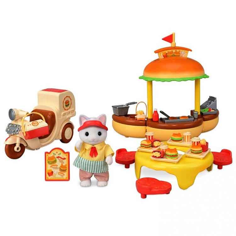 Sylvanian Families Hamburger Stand Playset with Latte Cat Figure