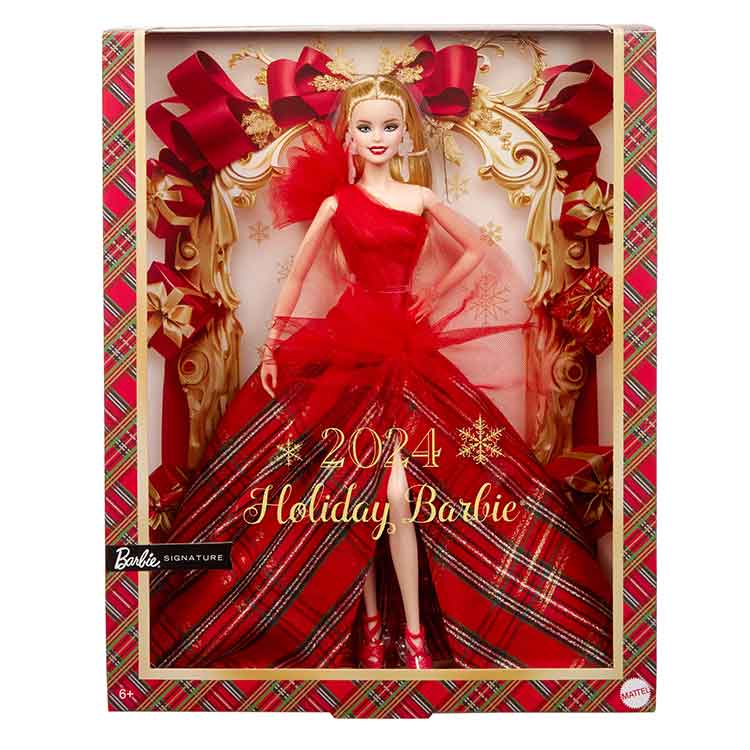 Barbie 2024 Holiday Doll – Blonde Collectible with Red Plaid Gown