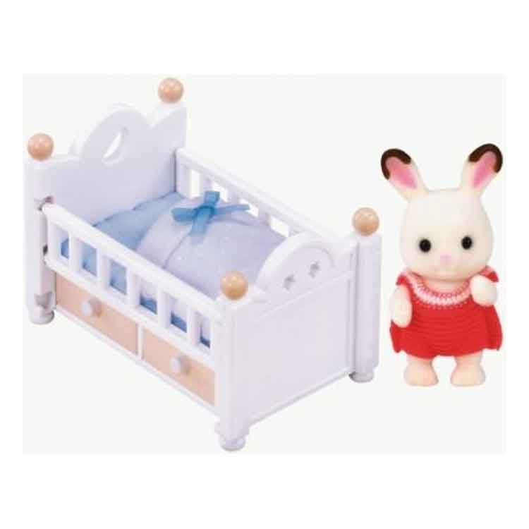 Sylvanian Families Chocolate Rabbit Baby Set – Miniature Figure & Cot