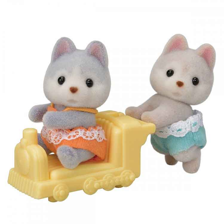 Sylvanian Families Husky Twins Collectible Figures with Train Pushcart