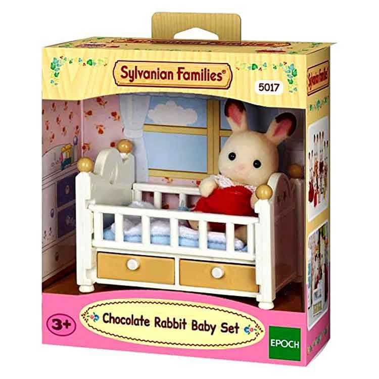 Sylvanian Families Chocolate Rabbit Baby Set – Miniature Figure & Cot