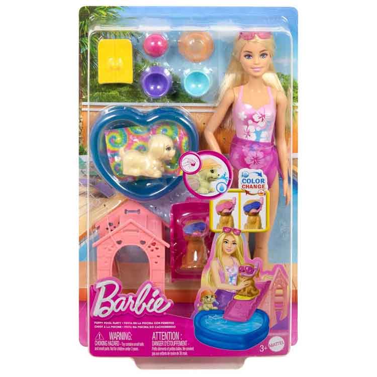 Barbie Puppy Pool Party Playset with Doll and Color-Change Accessories