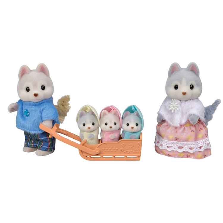 Sylvanian Families Husky Family – 5 Miniature Animal Figures with Sleigh