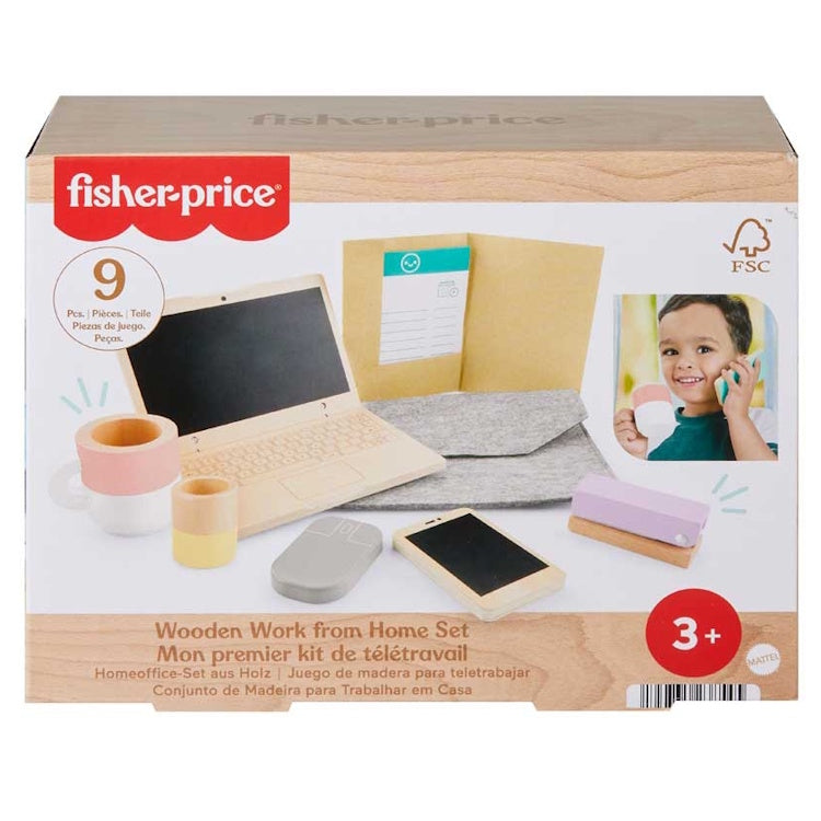 Fisher-Price Wooden Work From Home Set – 9-Piece Pretend Office Playset