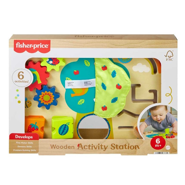 Fisher-Price Wooden Activity Station – 6-in-1 Baby Busy Board Toy
