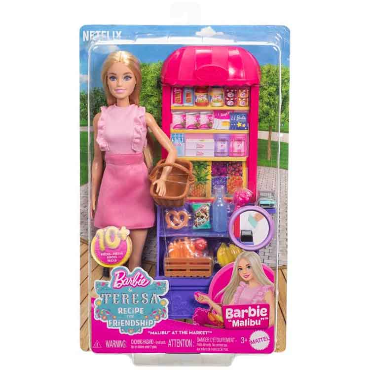 Barbie Malibu Shopping Playset – Market Stand with Doll and Accessories