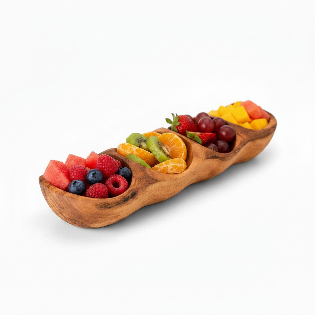 Handcrafted Olive Wood Divided Serving Dish | 2, 3, or 4 Compartment Appetizer Tray | Individual or 3-Piece Set