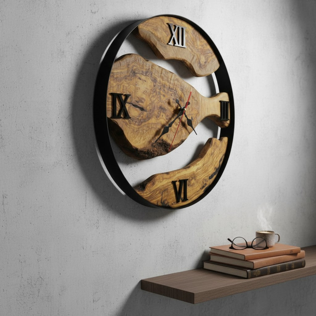 Olive Wood Wall Clock with metal Edge