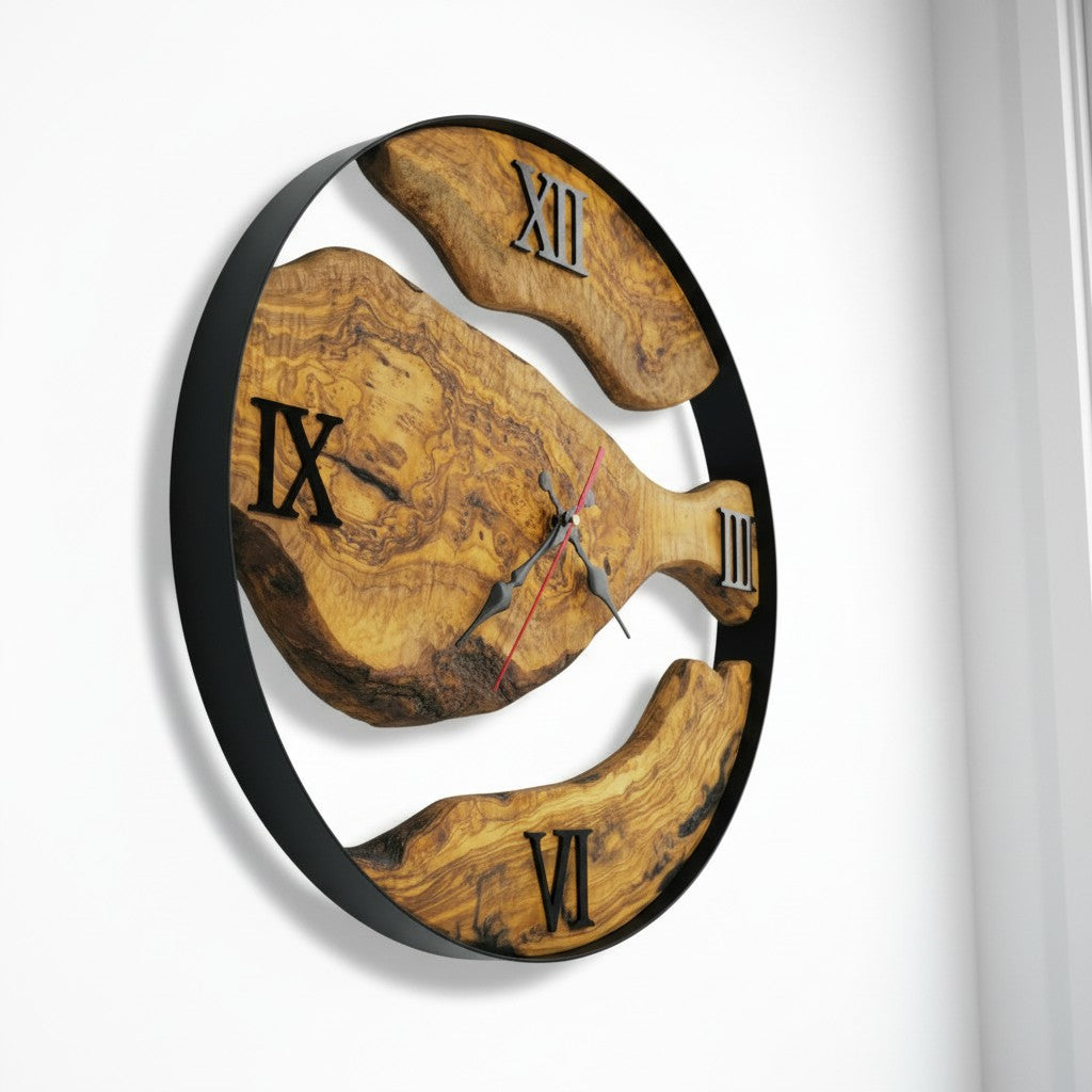 Olive Wood Wall Clock with metal Edge