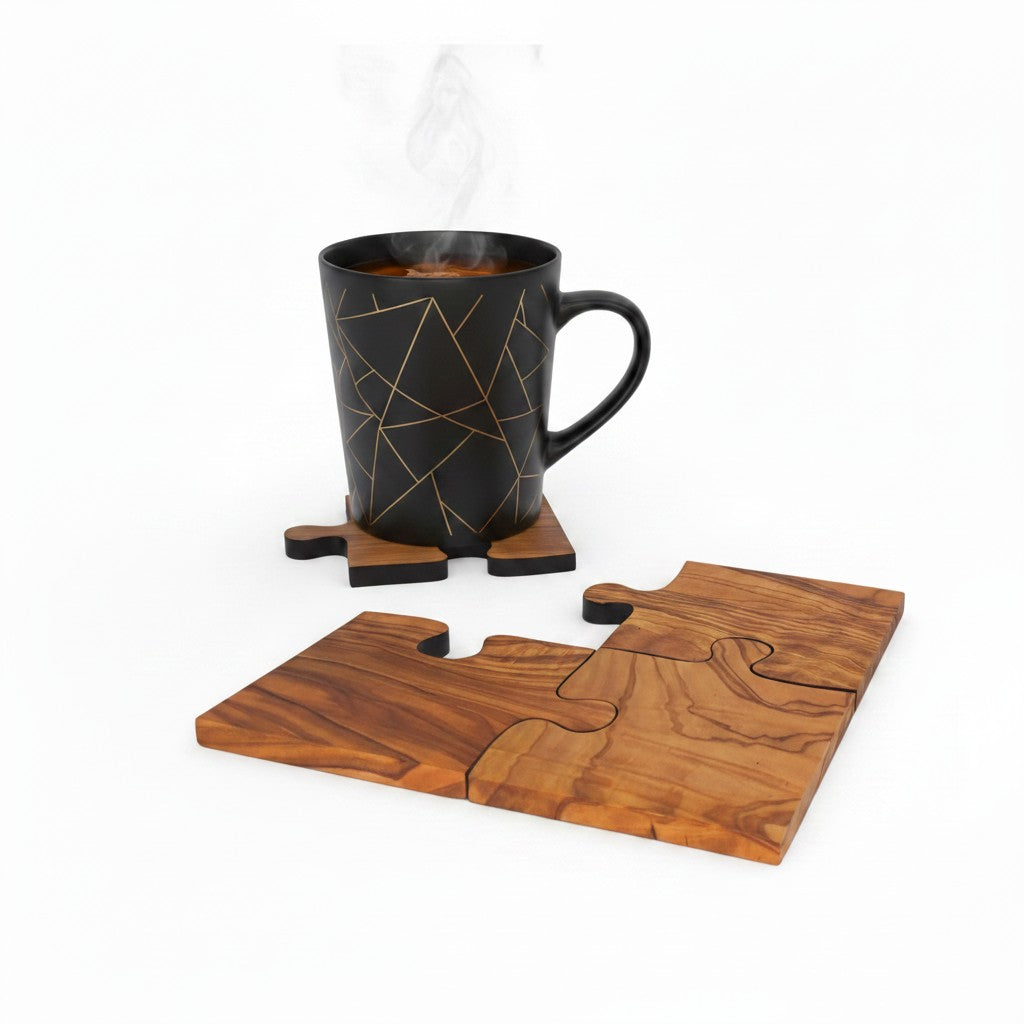 Olive Wood Puzzle Piece Wooden Coaster Set | Unique Gift Idea