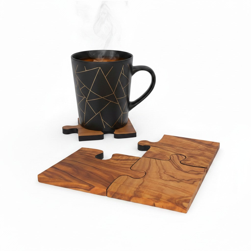 Olive Wood Puzzle Piece Wooden Coaster Set | Unique Gift Idea