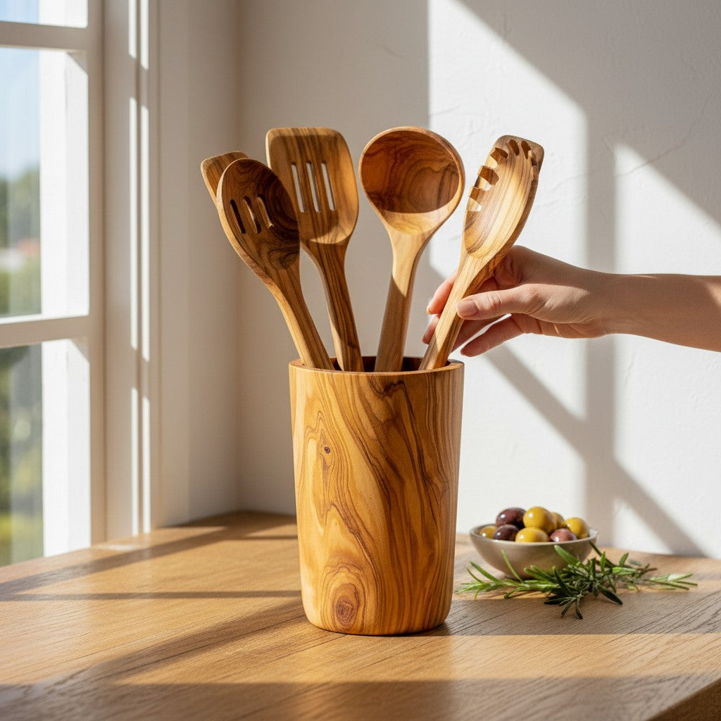 Olive Wood Cutlery & Utensils Holder 15 cm, natural, handmade, gift