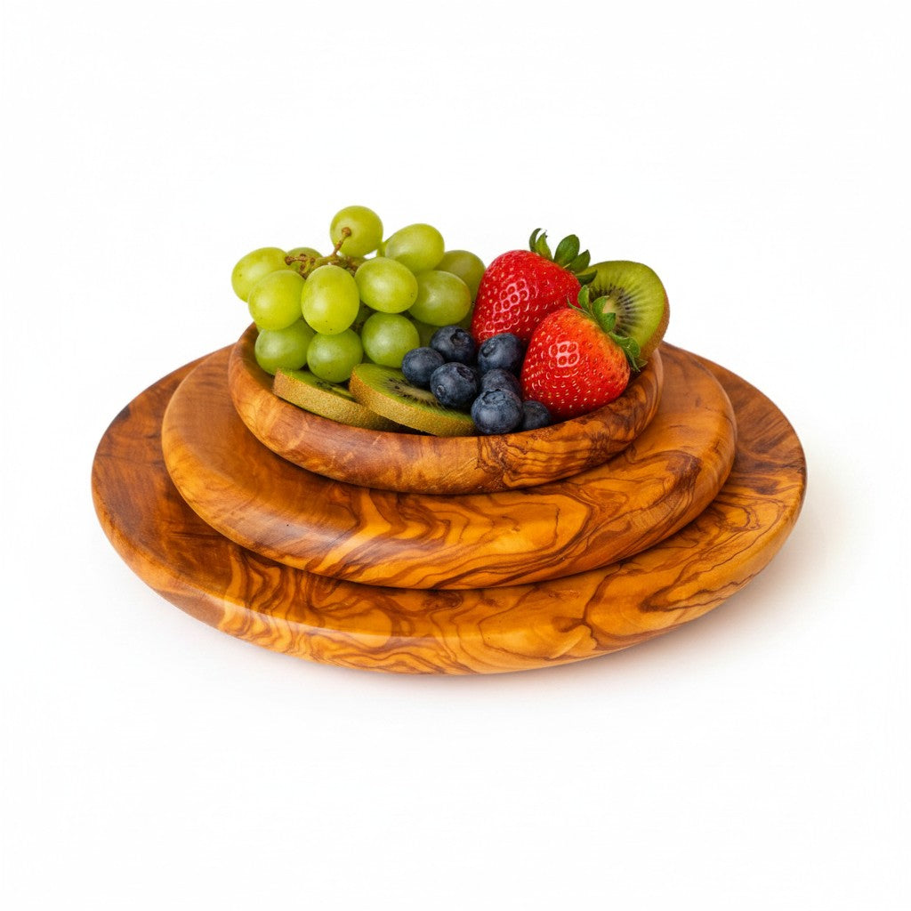 Olive Wood Set of 3 Round Wooden Plates with Round Edge, plate set, kitchen, restaurant, Sustainably Sourced, Eco-Friendly, handmade, gift