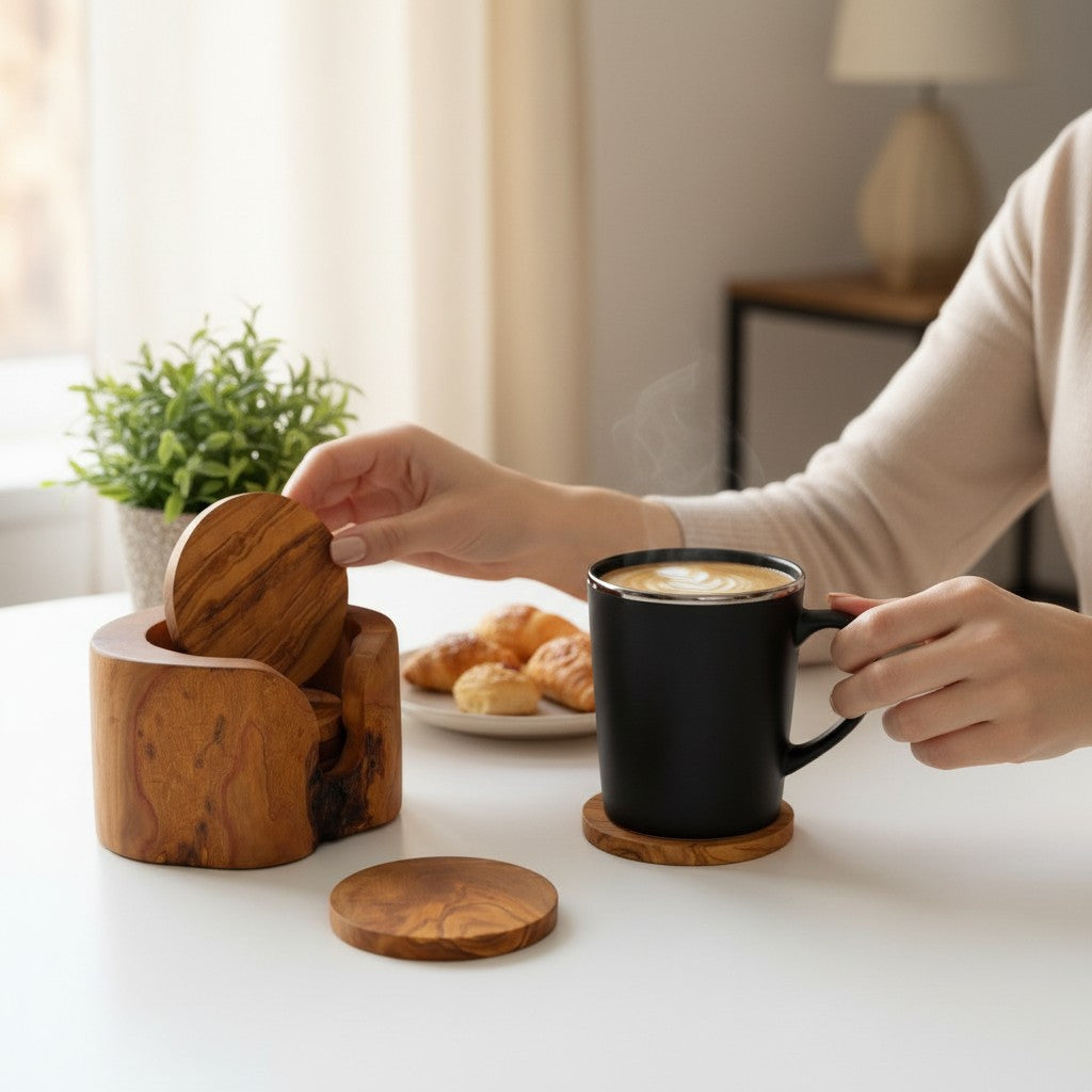 Olive Wood Coaster Set of 6 in Holder 12 cm
