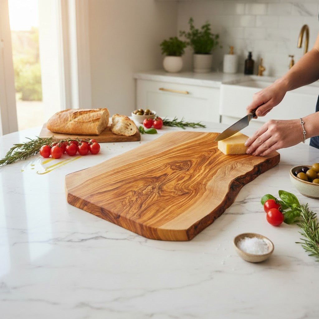 Handmade Olive Wood Live Edge Cutting Board — Rustic Charcuterie & Serving Board | Natural Bark Edge | Choose Your Size
