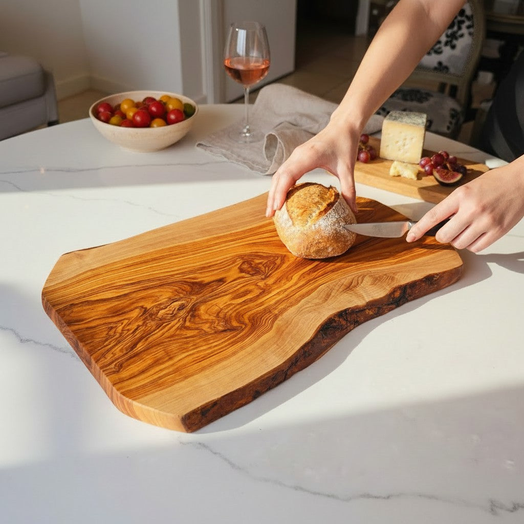 Handmade Olive Wood Live Edge Cutting Board — Rustic Charcuterie & Serving Board | Natural Bark Edge