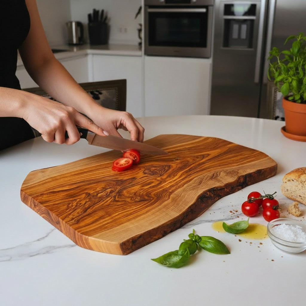Handmade Olive Wood Live Edge Cutting Board — Rustic Charcuterie & Serving Board | Natural Bark Edge