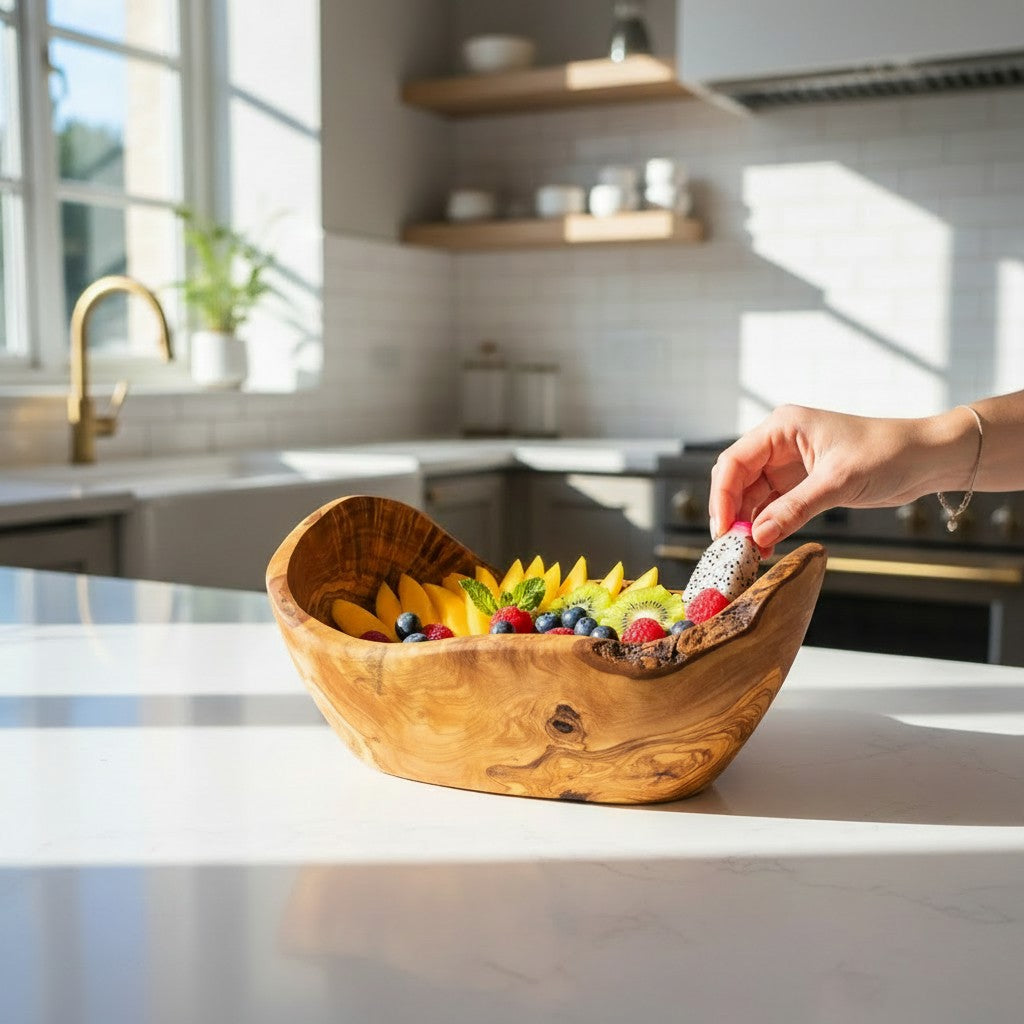 Hand-Carved Olive Wood Salad Bowl – Multi-Size Natural Rustic Serving Bowl (20cm - 45cm) – Artisan Fruit & Pasta Centerpiece Bowl