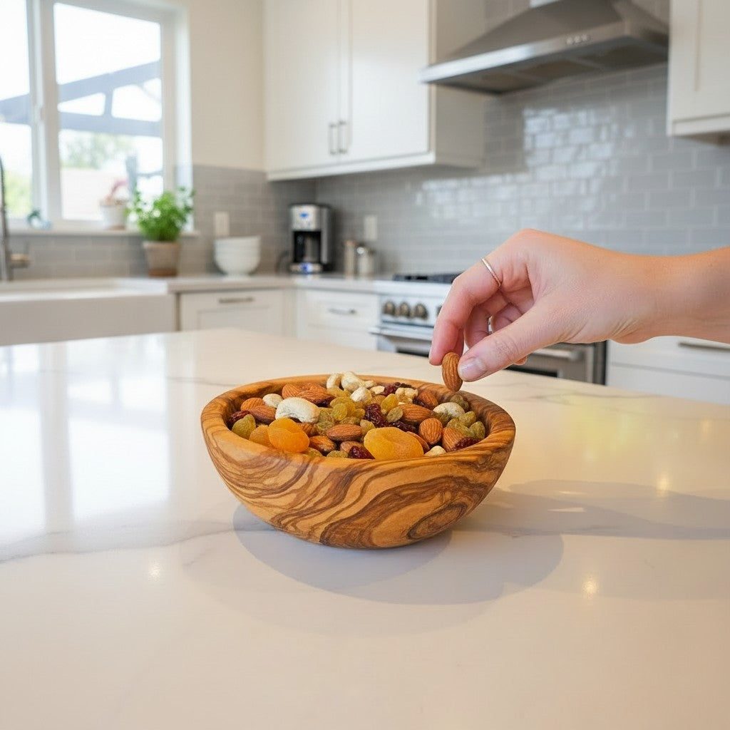 Handmade Olive Wood Bowl | Hand-Turned Wooden Salad Fruit & Serving Bowl | Beautiful Swirling Natural Grain | 6–20 cm