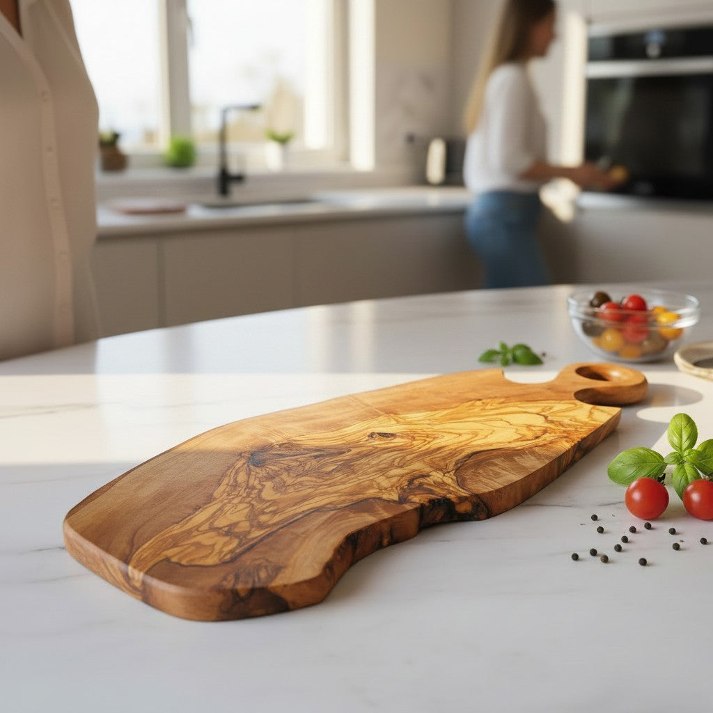 Handmade Olive Wood Freeform Serving Board with Round Loop Handle | Live Edge Cheese Charcuterie & Antipasti Board | Unique Grain | 35–50 cm