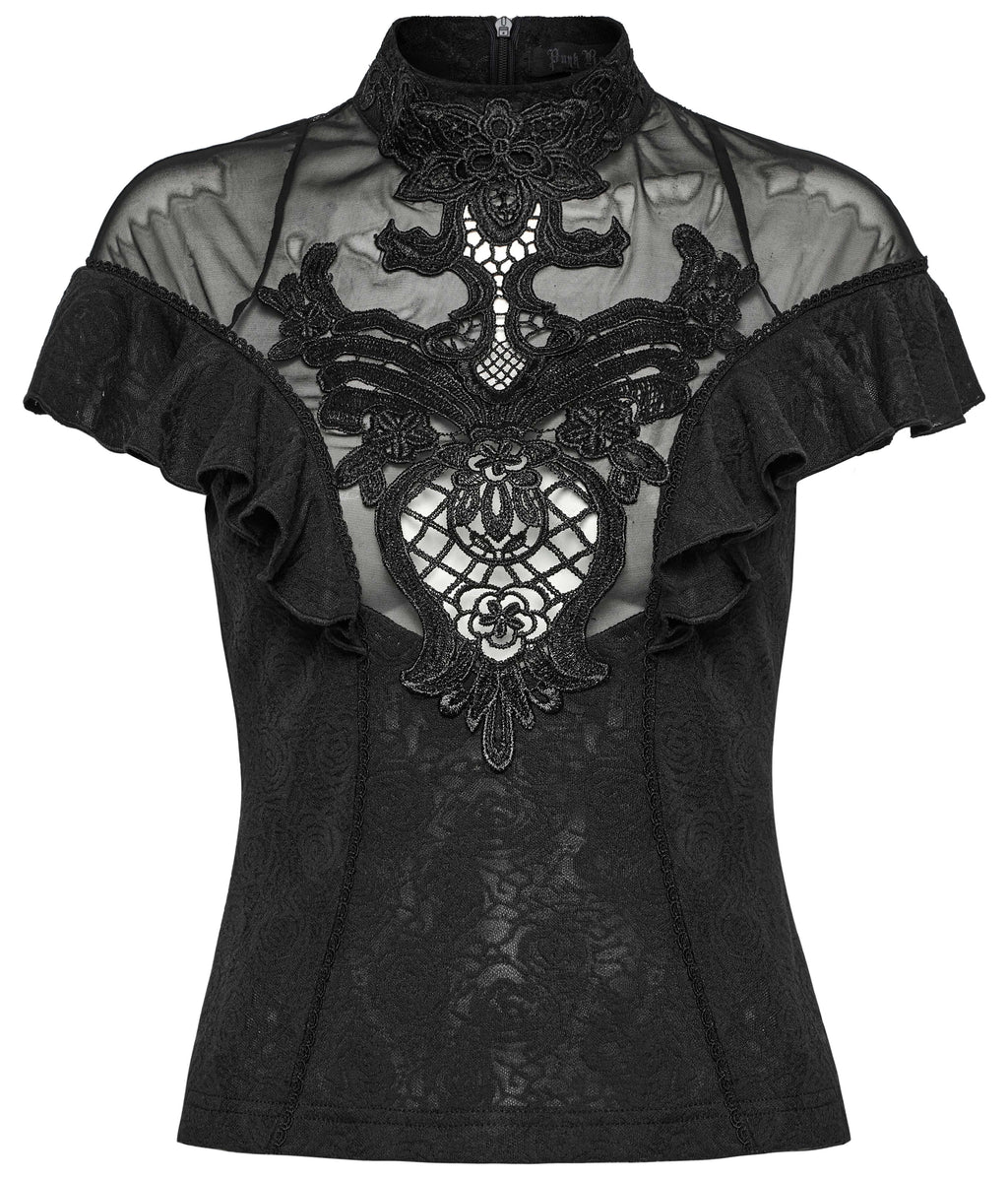 Punk Rave Gothic Applique Top | Kate's Clothing Lace Flutter Sleeve Shirt