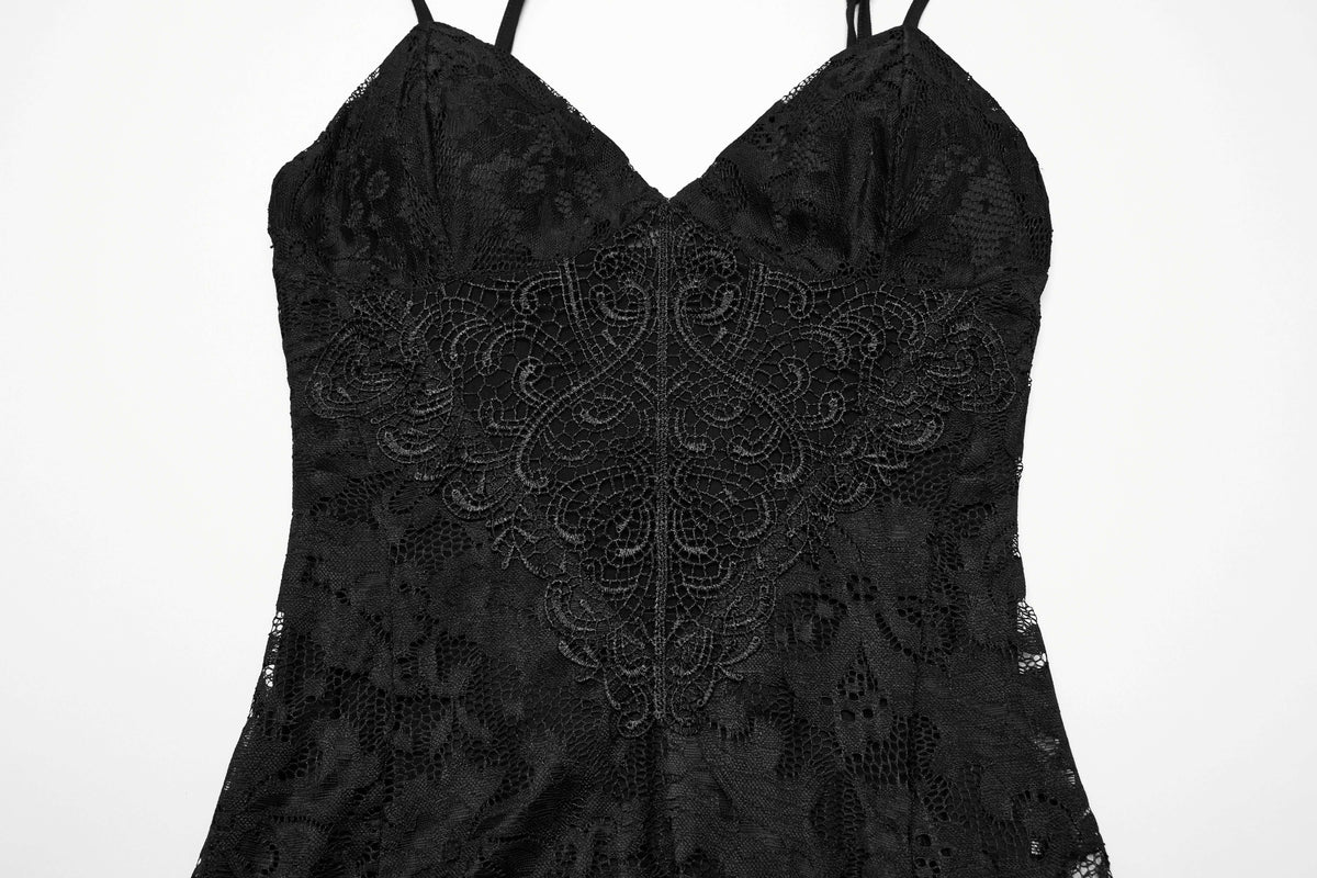 Punk Rave Aviva Black Lace Dress – Elegant V-Neck Ruffled High Slit