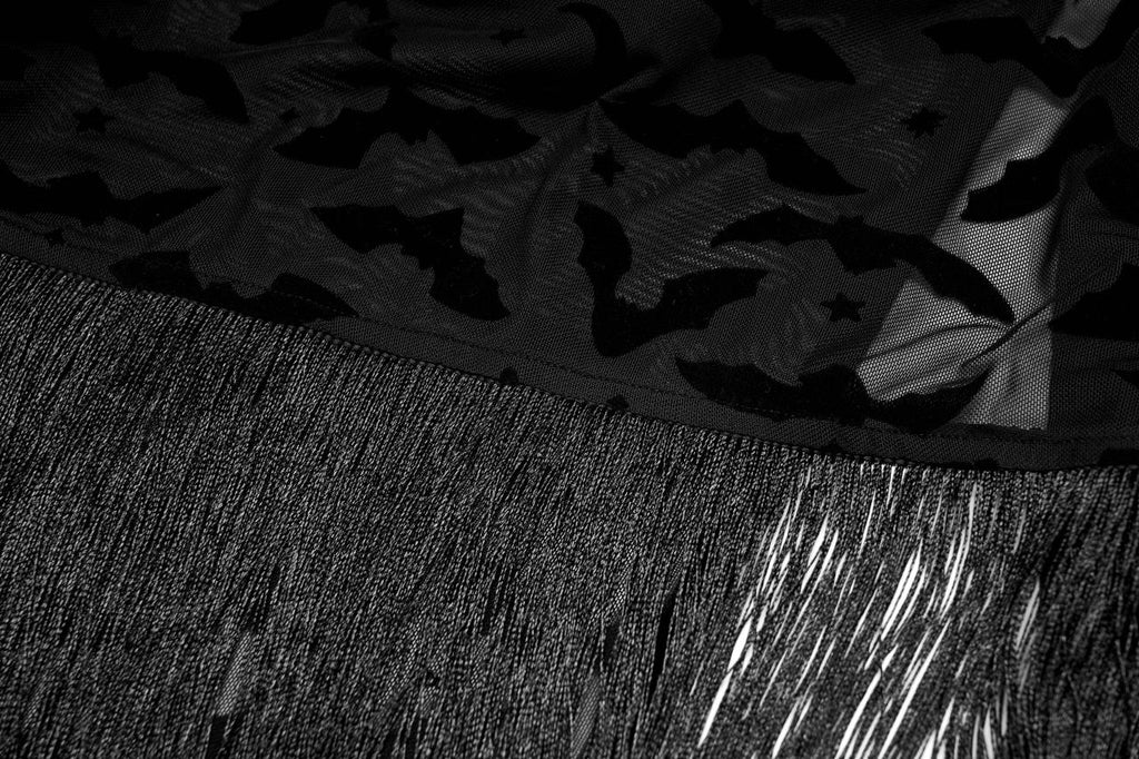 Punk Rave Bat Moon Velvet Flocked Kimono | Gothic Fringed Mesh Wrap