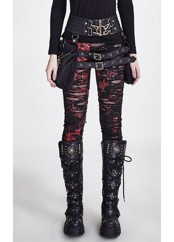Punk Rave Lara Gothic Leggings – Distressed Mesh Red Splatter Black