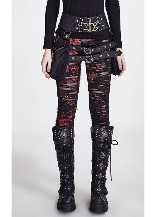 Punk Rave Lara Gothic Leggings – Distressed Mesh Red Splatter Black
