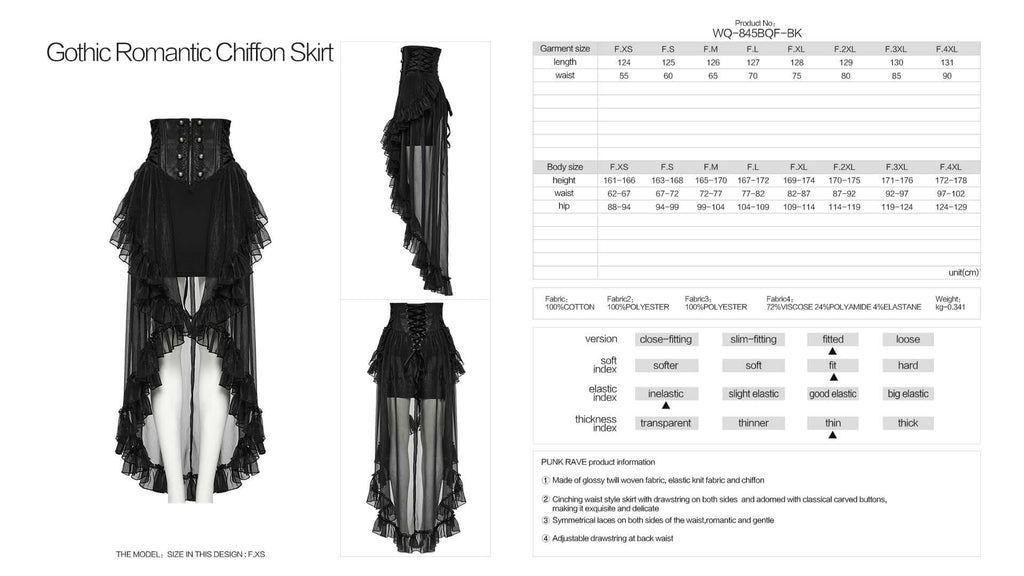 Punk Rave Dila Romantic Chiffon Skirt – Gothic Black Twill & Lace