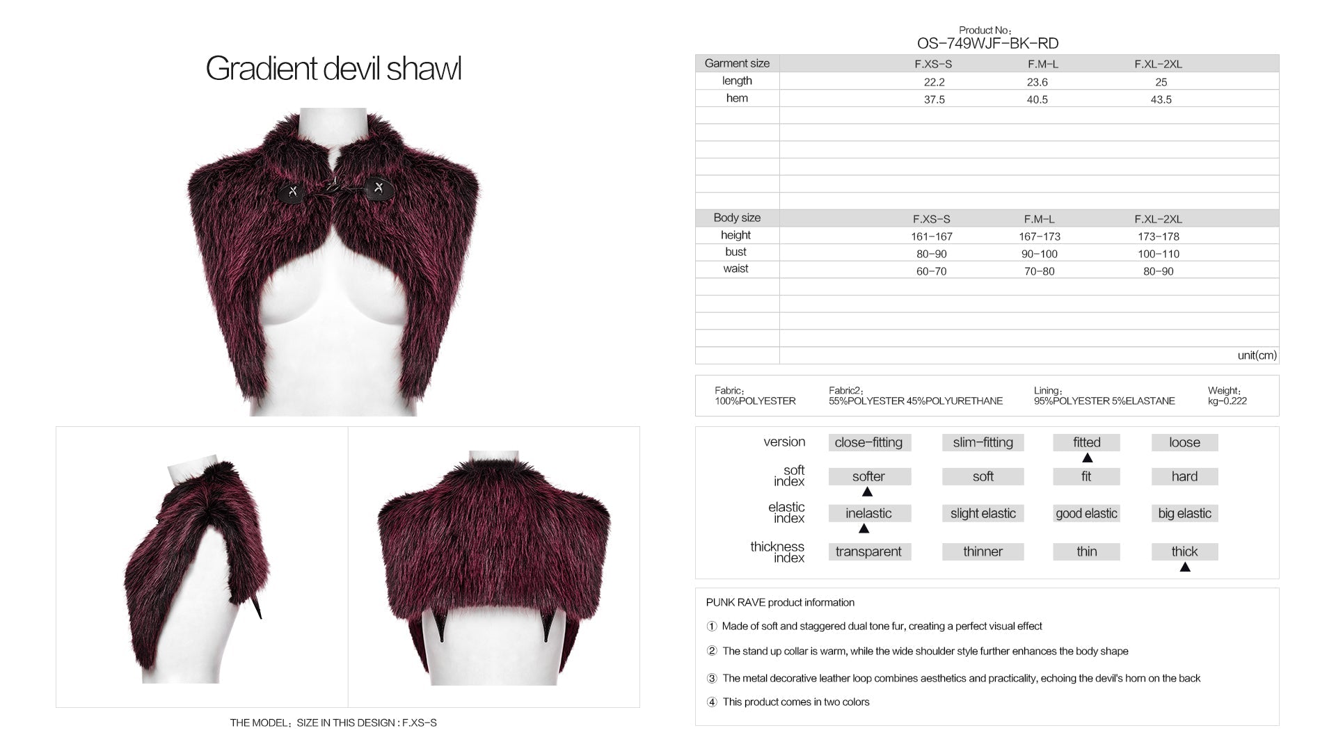 Punk Rave Lilith Gradient Faux Fur Devil Shawl - Crimson & Black