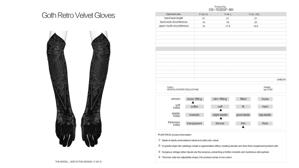 Punk Rave Selene Black Velvet Embroidered Gothic Gloves with Pointed Cuffs