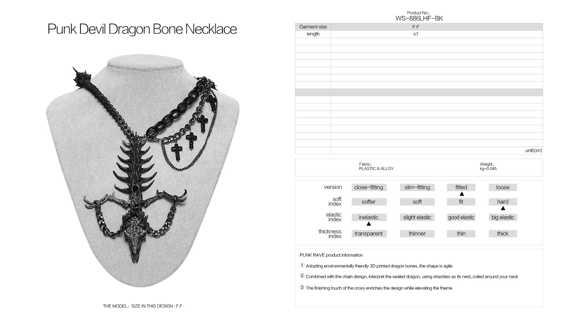 Punk Rave Dragon Bone Necklace | Gothic 3D Printed Skull & Chains