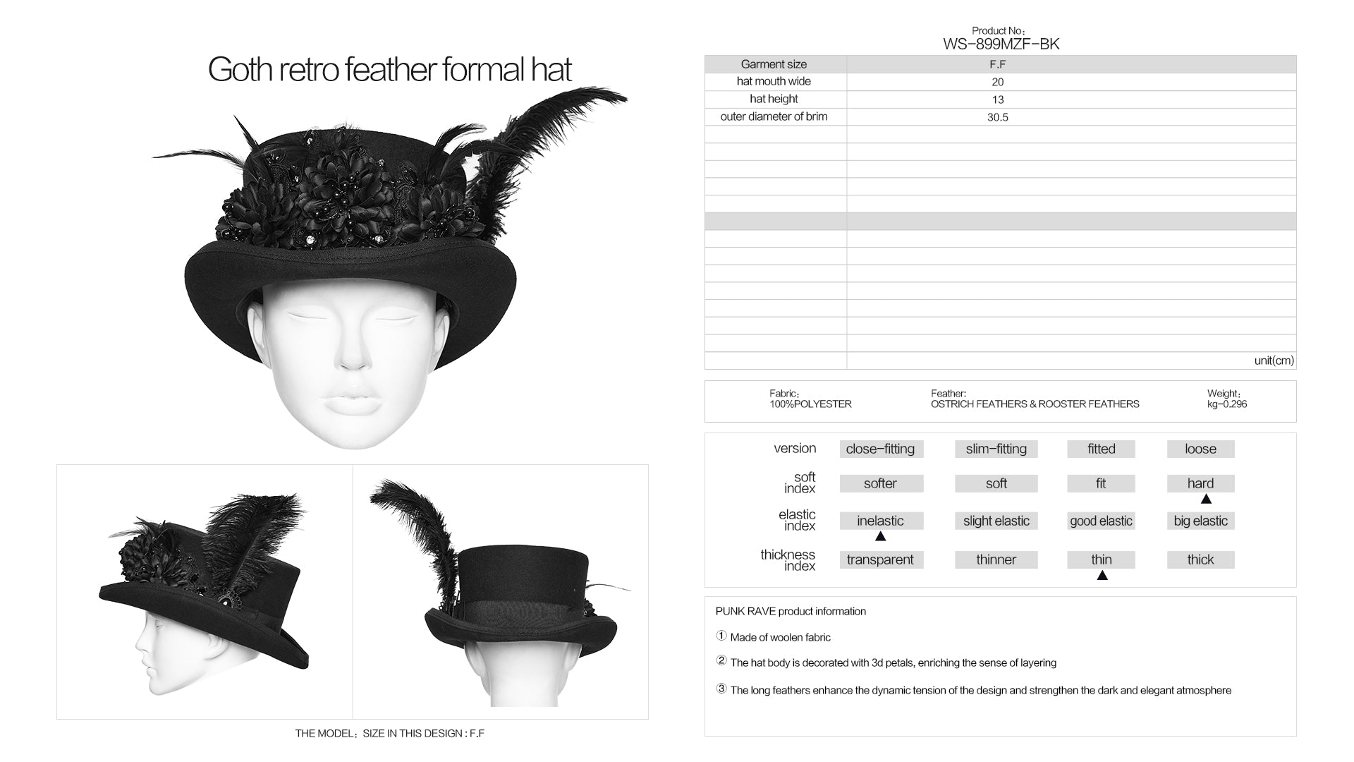 Punk Rave Goth Feather Formal Hat – Gothic Retro Style Wide-Brim Hat