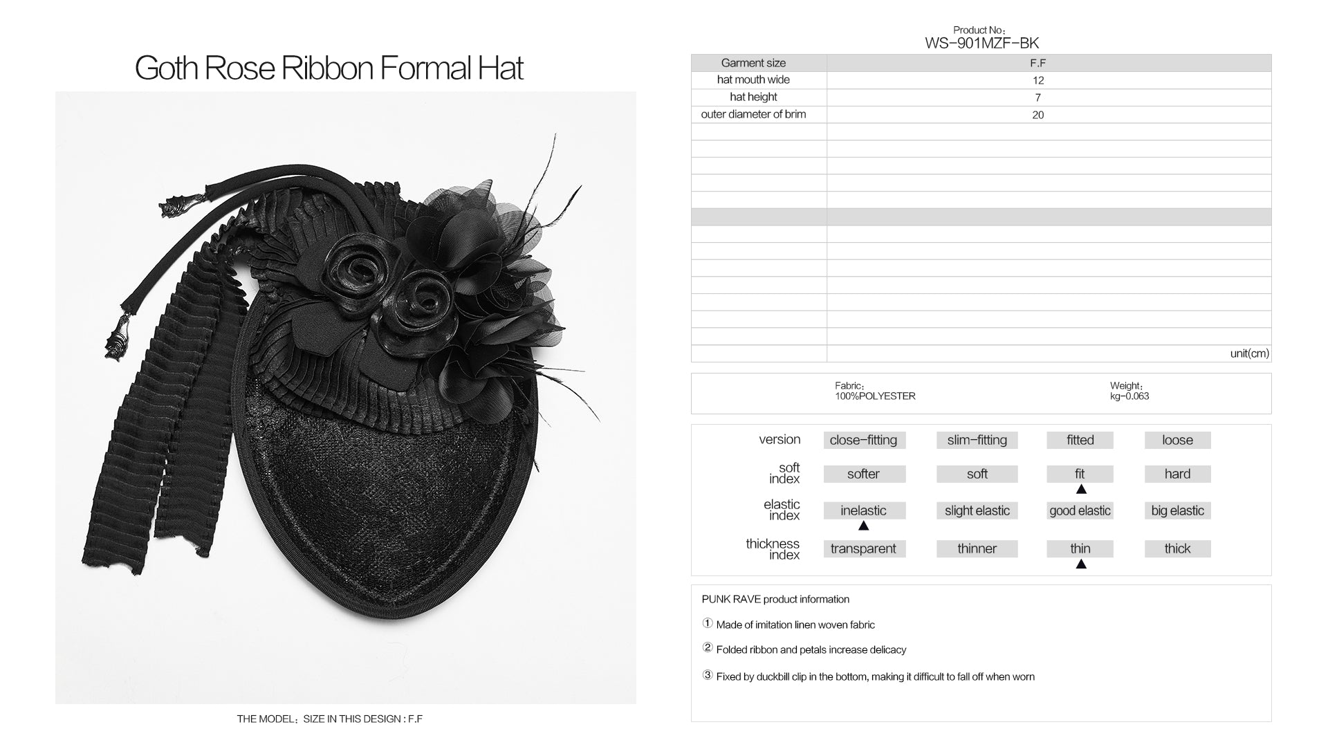Punk Rave Goth Rose Ribbon Formal Hat – Black Linen Fabric Headpiece