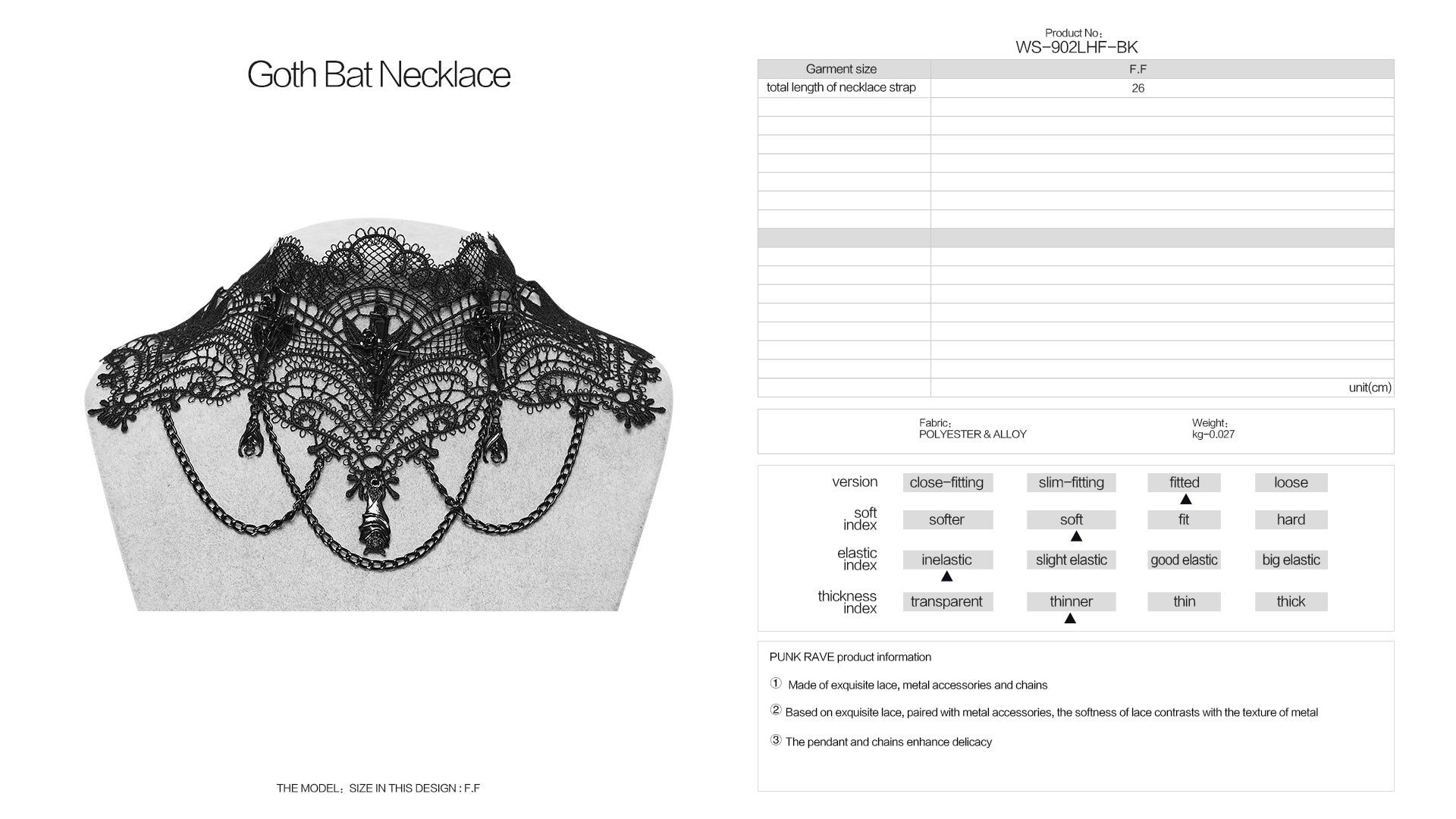 Punk Rave Goth Bat Necklace – Black Lace Victorian Choker with Chains