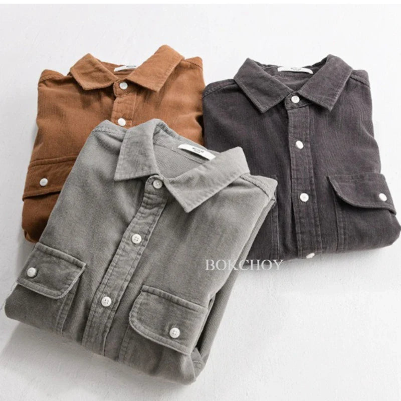 Vintage Corduroy Cotton Shirt for Men – Autumn Casual Long Sleeve