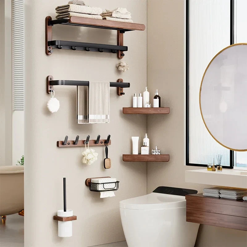Modern Wooden Bathroom Wall Storage Rack – Shelves, Towel Bar & Hooks Set