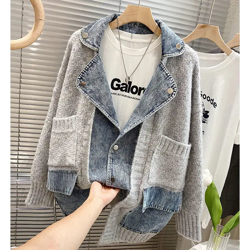Women’s Denim Splice Knit Cardigan Jacket – Long Sleeve Oversized Patchwork Sweater Coat (Grey or Beige)