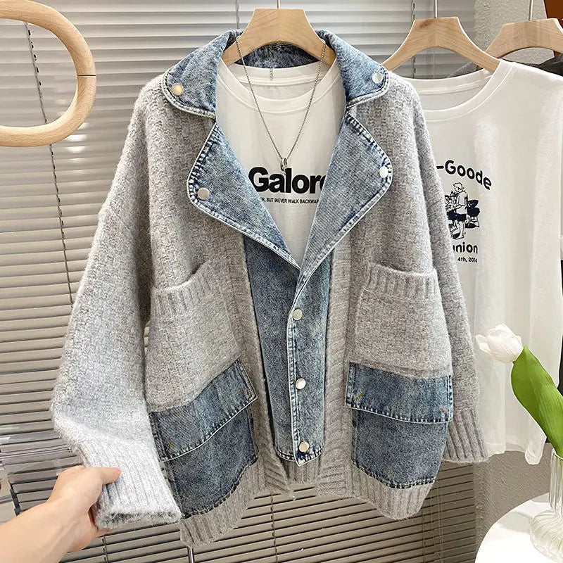 Women’s Denim Splice Knit Cardigan Jacket – Long Sleeve Oversized Patchwork Sweater Coat (Grey or Beige)