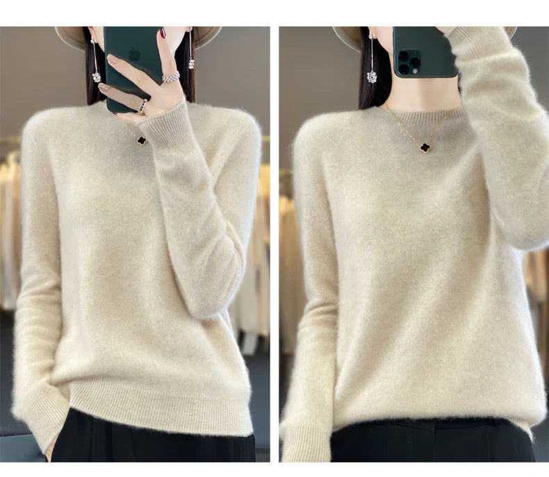 100% Merino Wool Women’s Sweater – Soft Cashmere-Feel O-Neck Pullover, Autumn/Winter Warm Knit Top (14 Colours)
